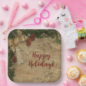 Kerstfeest Golden Green Leaves Red Rustic Papieren Bordje (Feest)