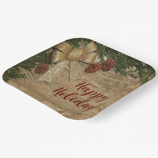 Kerstfeest Golden Green Leaves Red Rustic Papieren Bordje (Gebogen)