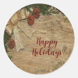Kerstfeest Golden Green Leaves Red Rustic Ronde Sticker
