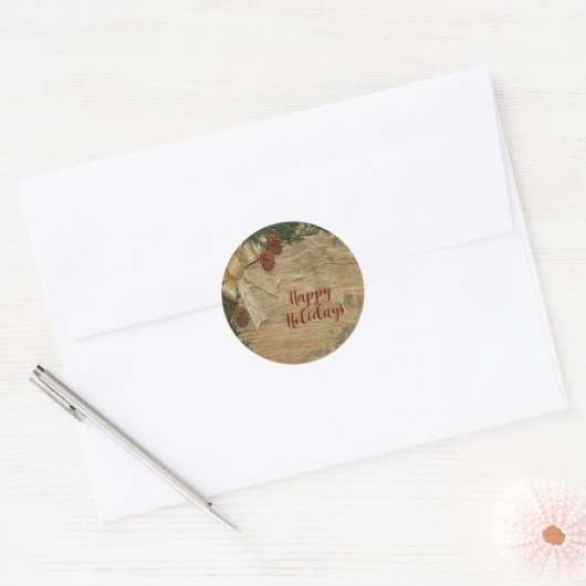 Kerstfeest Golden Green Leaves Red Rustic Ronde Sticker (Envelop)