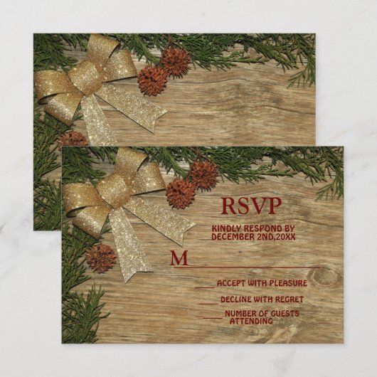 Kerstfeest Golden Green Leaves Red Rustic RSVP Kaartje (Voorkant / Achterkant)