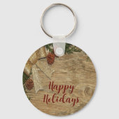 Kerstfeest Golden Green Leaves Red Rustic Sleutelhanger (Voorkant)