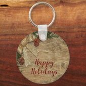 Kerstfeest Golden Green Leaves Red Rustic Sleutelhanger (Voorkant)
