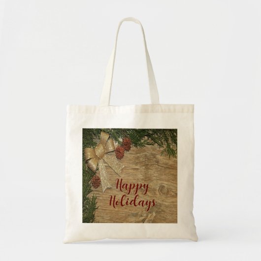 Kerstfeest Golden Green Leaves Red Rustic Tote Bag (Voorkant)
