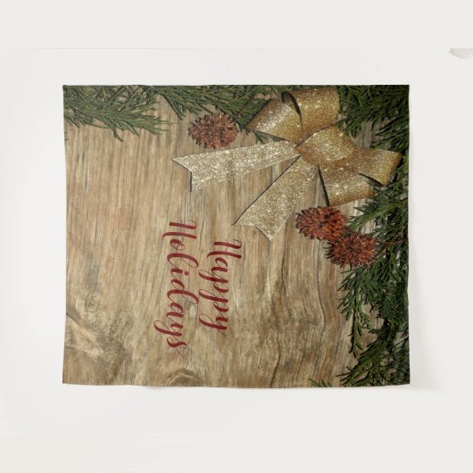 Kerstfeest Golden Green Leaves Red Rustic Wandkleed (Voorkant (horizontaal))