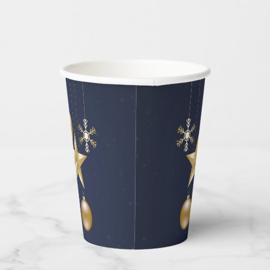 Kerstfeest Golden Ornament Navy Blue Elegant Papieren Bekers (Rechts)