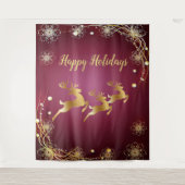 Kerstfeest Golden Rendieren Rood Roze Elegant Wandkleed (Voorkant)