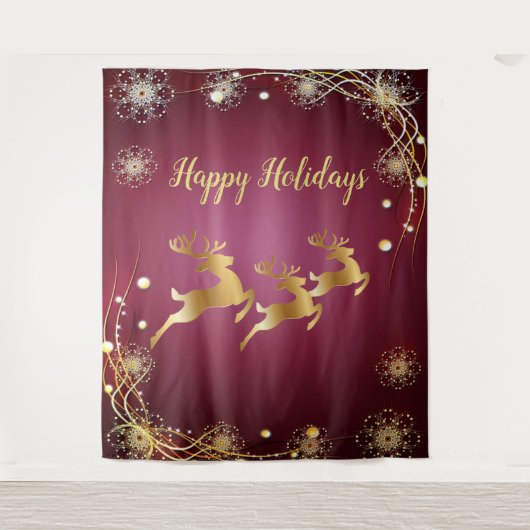 Kerstfeest Golden Rendieren Rood Roze Elegant Wandkleed (Voorkant)