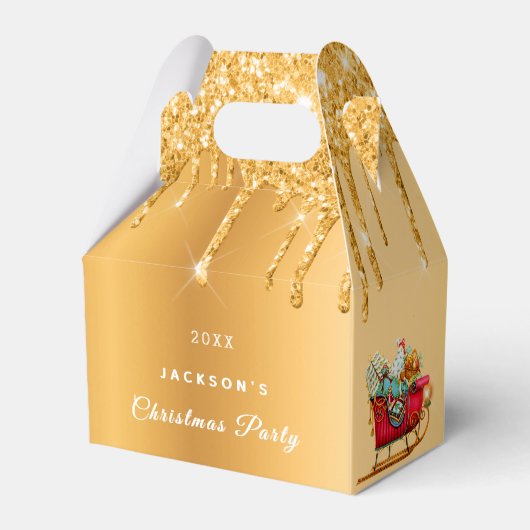 Kerstfeest goud glitterspul rode slee bedankdoosjes (Achterkant)