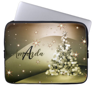 Kerstfeest Gouden Boom Monogram Versiering Sterren Laptop Sleeve
