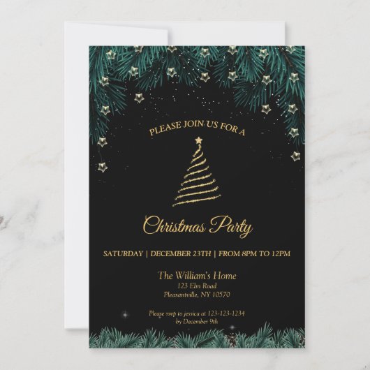 kerstfeest | Gouden Boom, Sterren & Pine Branches Kaart (Voorkant)
