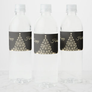 Kerstfeest Gouden Glanzende Boom Winter Zwart Waterfles Etiket