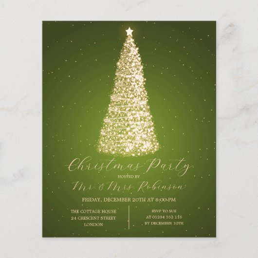 Kerstfeest Gouden Groene Boom Sparkle Invite Flyer (Voorkant)