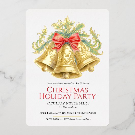 Kerstfeest gouden klokken en rode boog kunst folie uitnodiging (Voorkant)