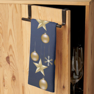 Kerstfeest Gouden Ornamenten Marineblauw Elegant Theedoek