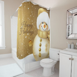 Kerstfeest Gouden Sneeuwman Sneeuwvlokken Vakantie Douchegordijn
