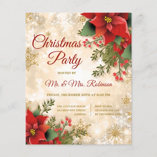 Kerstfeest Gouden Sparkle Rode Poinsettia Flyer (Voorkant)