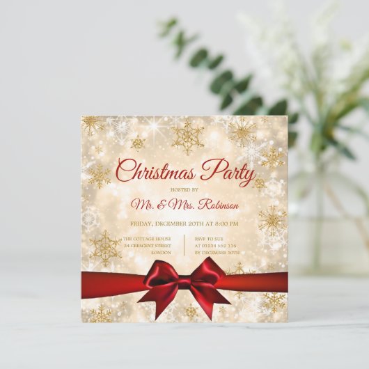 Kerstfeest Gouden Winter Sparkle Rood Lint Kaart (Staand voorkant)