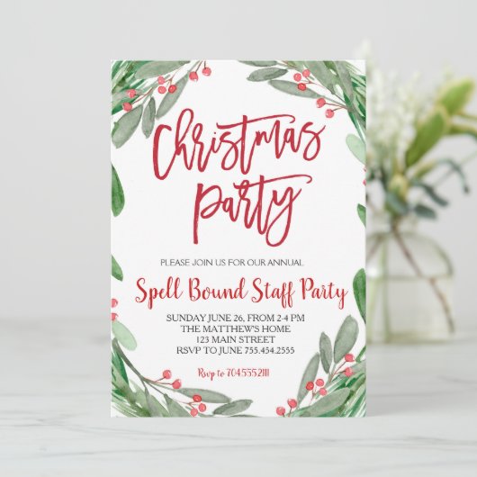 Kerstfeest Greenery Wreath Uitnodiging (Staand voorkant)