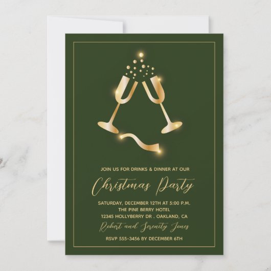 Kerstfeest Groen Goud Champagne Uitnodiging (Voorkant)
