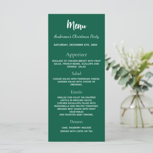 Kerstfeest groen wit diner menu (Staand voorkant)