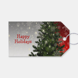 Kerstfeest Groene Boom Rood Zilver Sneeuwvlokken Cadeaulabel