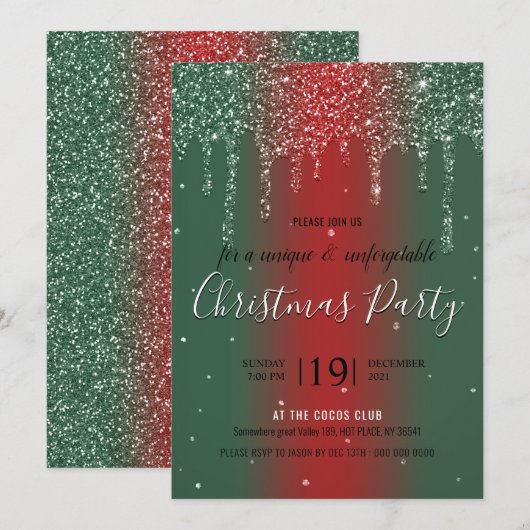 kerstfeest groene rode glitter uitnodiging (Voorkant / Achterkant)