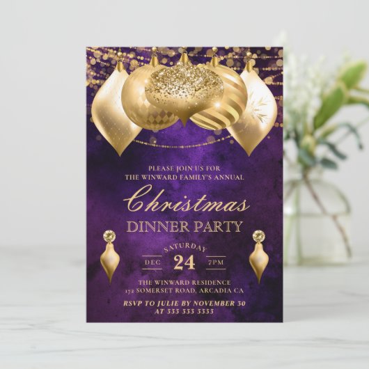 Kerstfeest in Paarse en gouden Baubles Kaart (Staand voorkant)