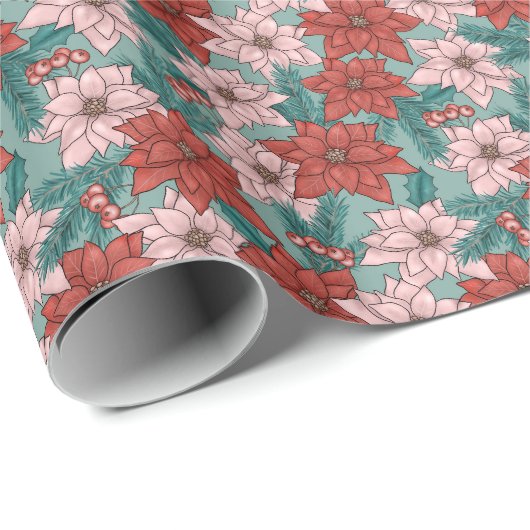  kerstfeest in Poinsettias Floral Cadeaupapier (Rol Hoek)