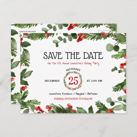 Kerstfeest Jaarlijks Feest Save the Date Aankondigingskaart (Voorkant / Achterkant)