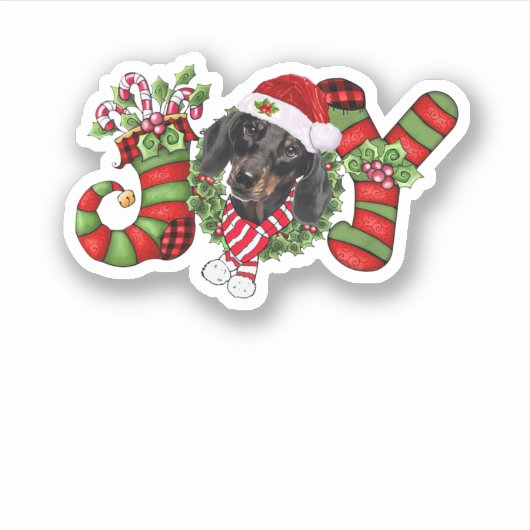 Kerstfeest Joy Dwarf Stocking Black Dachshund Sticker (Voorkant)