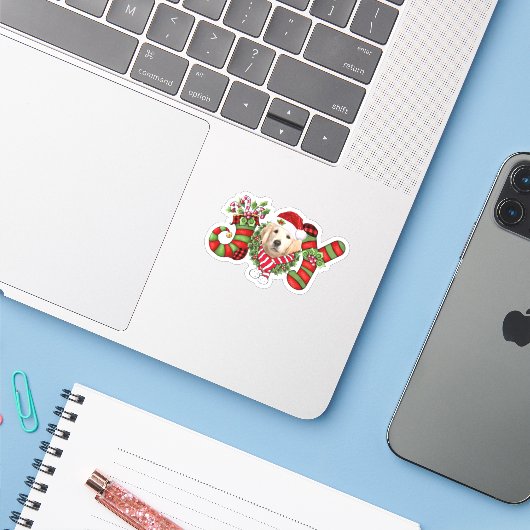 Kerstfeest Joy Dwarf Stocking Golden Retriever Sticker (Laptop met iPhone)