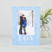 Kerstfeest Joy Modern Floral Line Art Blue Foto Feestdagenkaart (Staand voorkant)