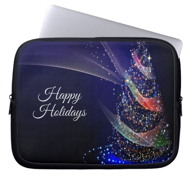 Kerstfeest Kleurrijke Boom Marineblauw Rustiek Laptop Sleeve (Voorkant)