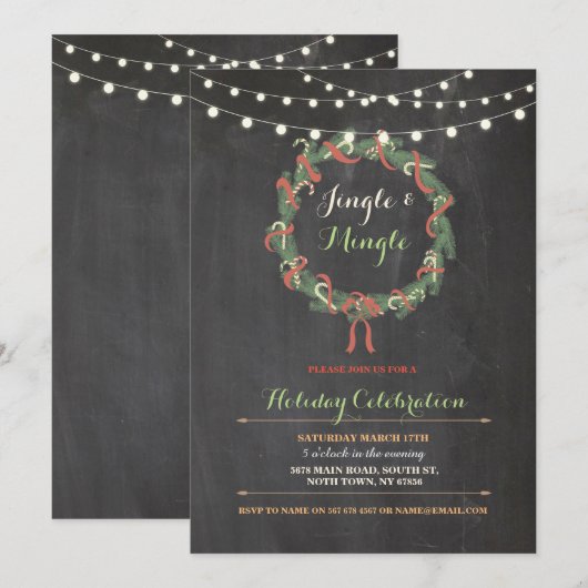 Kerstfeest Krans Merry Jingle Mingle Uitnodigen Kaart (Voorkant / Achterkant)