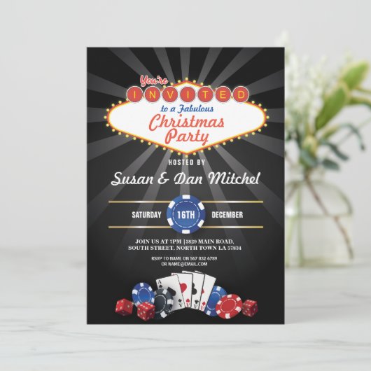 Kerstfeest Las Vegas Casino Dice Uitnodigen Kaart (Staand voorkant)