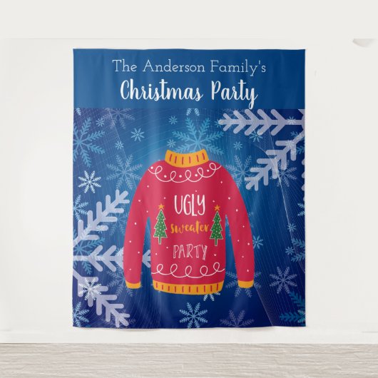 Kerstfeest lelijk truitje rood blauw sneeuwvlokken wandkleed (Voorkant)