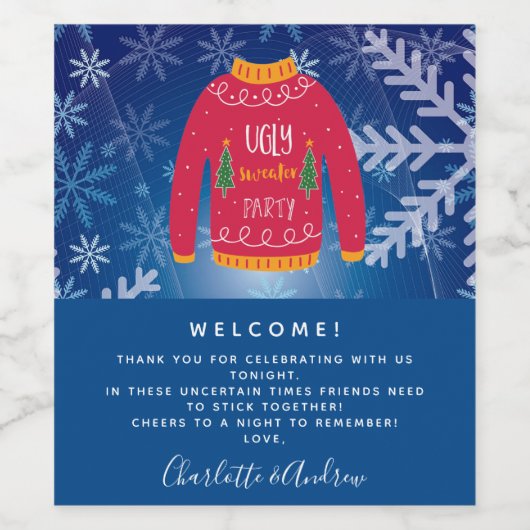 kerstfeest lelijke zweten rood blauw welkom wijn etiket (Enkel label)