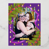 Kerstfeest lint Foto Paarse Folie Feestdagen Briefkaart (Voorkant)