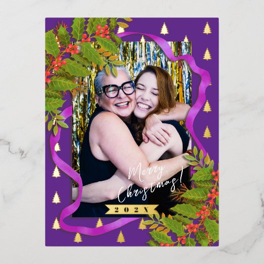 Kerstfeest lint Foto Paarse Folie Feestdagen Briefkaart (Voorkant)