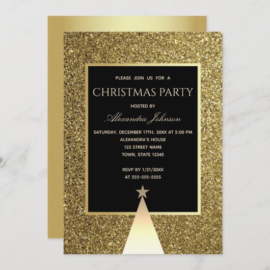 Kerstfeest Luxe Zwart en Goud Glitter Kaart (Voorkant / Achterkant)