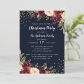 Kerstfeest Marine Bourgondië Gouden Bloemen Uitnod Kaart (Staand voorkant)