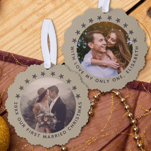 kerstfeest met eerste huwelijk Elegant Taupe Ornament Kaart