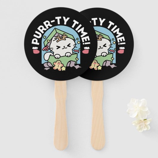 Kerstfeest met Gesponnen-ty Time Cat Handwaaier (Voorkant en achterkant)