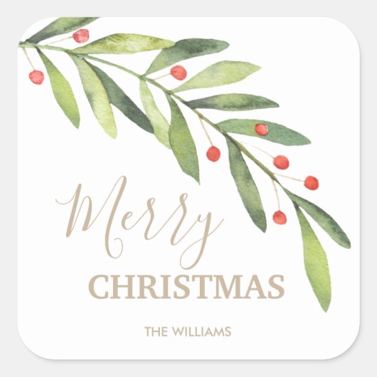 Kerstfeest met Hulst en Bessen Vierkante Sticker (Voorkant)