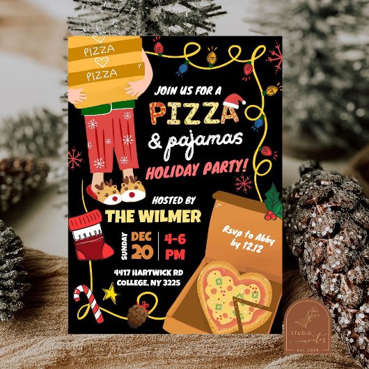 Kerstfeest met pizza en pyjama kaart