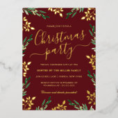 Kerstfeest met Rode Gouden Groene Bladeren Folie Uitnodiging (Voorkant)