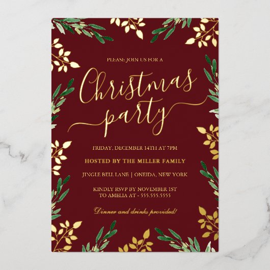 Kerstfeest met Rode Gouden Groene Bladeren Folie Uitnodiging (Voorkant)
