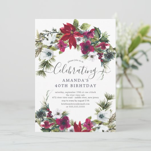 Kerstfeest met Rode Poinsettia Hulst en Pijnboom Kaart (Staand voorkant)