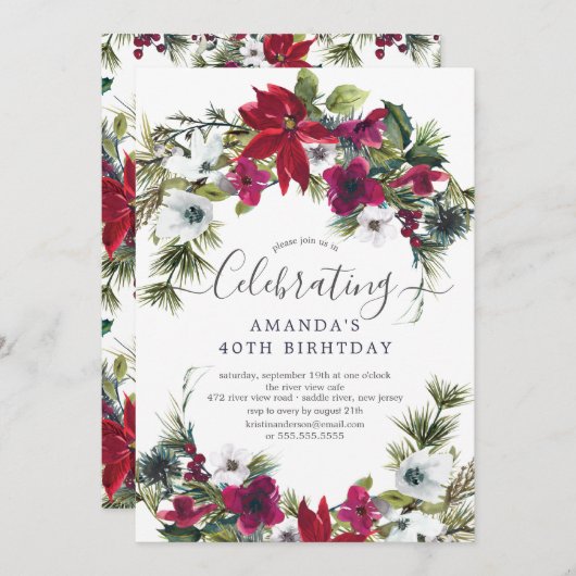 Kerstfeest met Rode Poinsettia Hulst en Pijnboom Kaart (Voorkant / Achterkant)